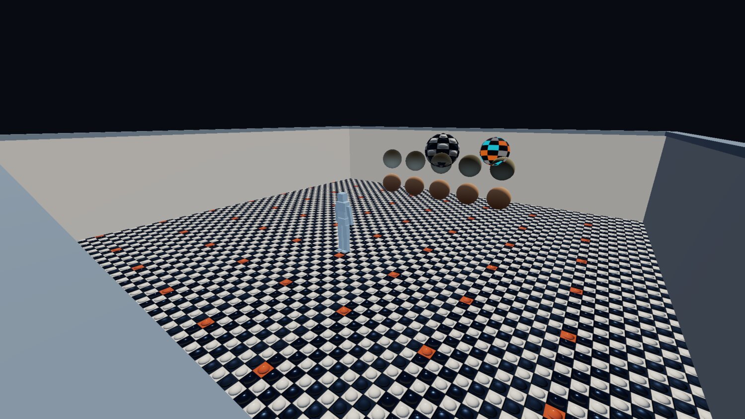 a checkerboard room with a row of material spheres and a blocky character