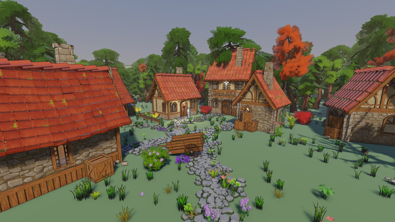 a dense village in a wood, seven buildings, heavy vegetation