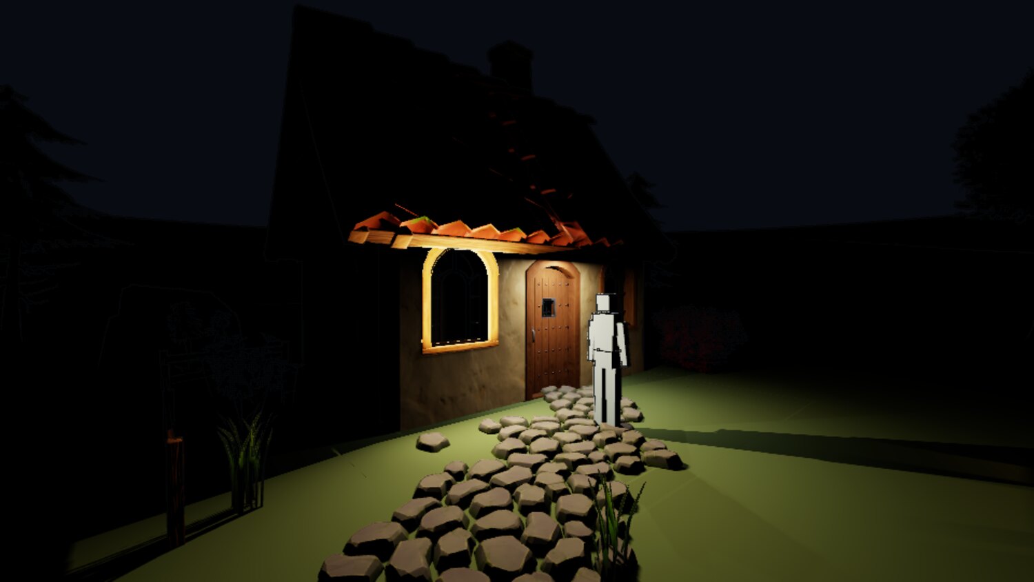 a night scene, a lantern over a doorway lighting a stone path