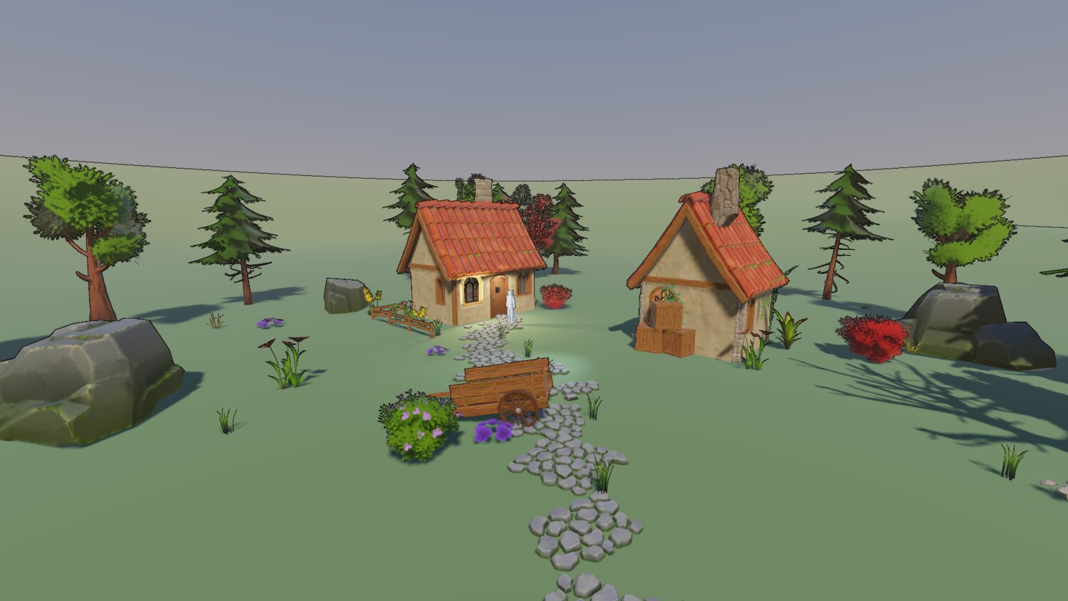 a stylised village on green ground, with shadows and a blue sky
