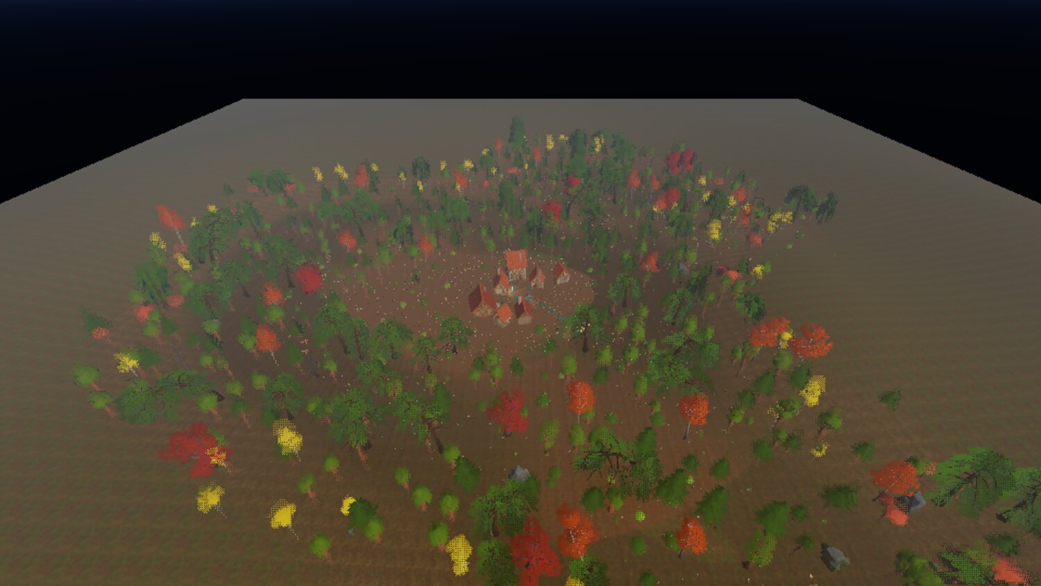 a wood seen from above with impostor quads standing in for distant trees