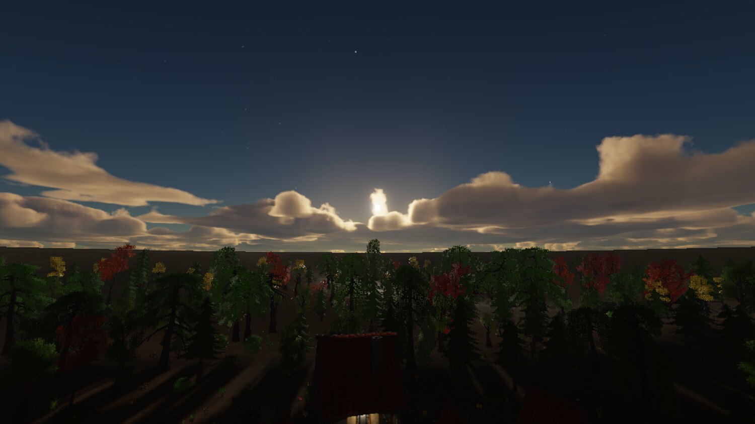 god rays through a cloud bank over a forest at low sun