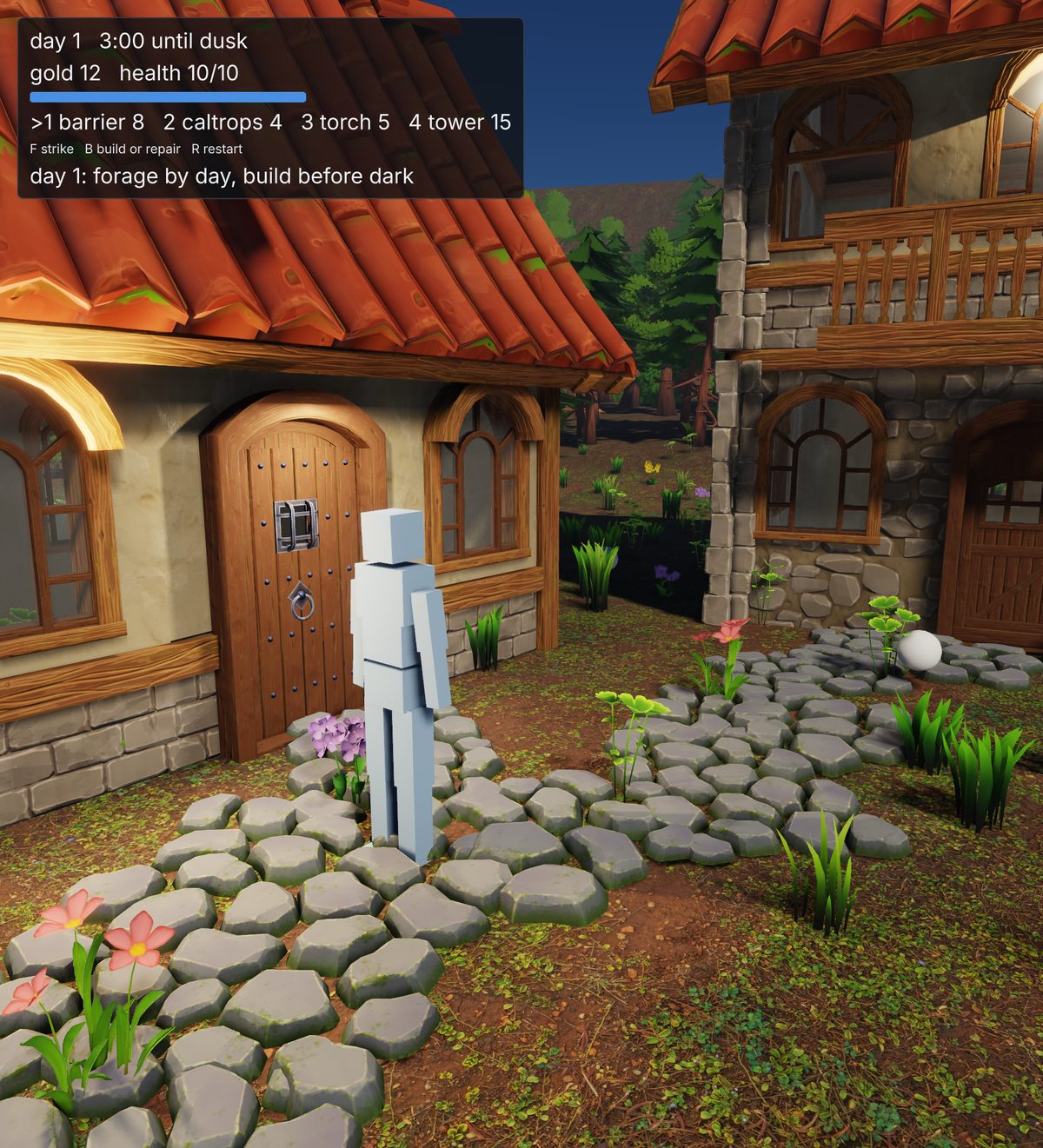 day one: the player standing on the village path in front of a cottage door, with the HUD reading three minutes until dusk