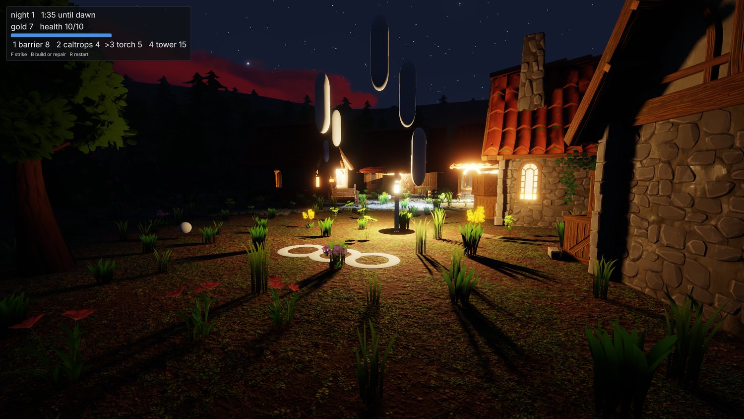 the same attack seen from the wood, the caltrops rings in the foreground and the village lanterns behind