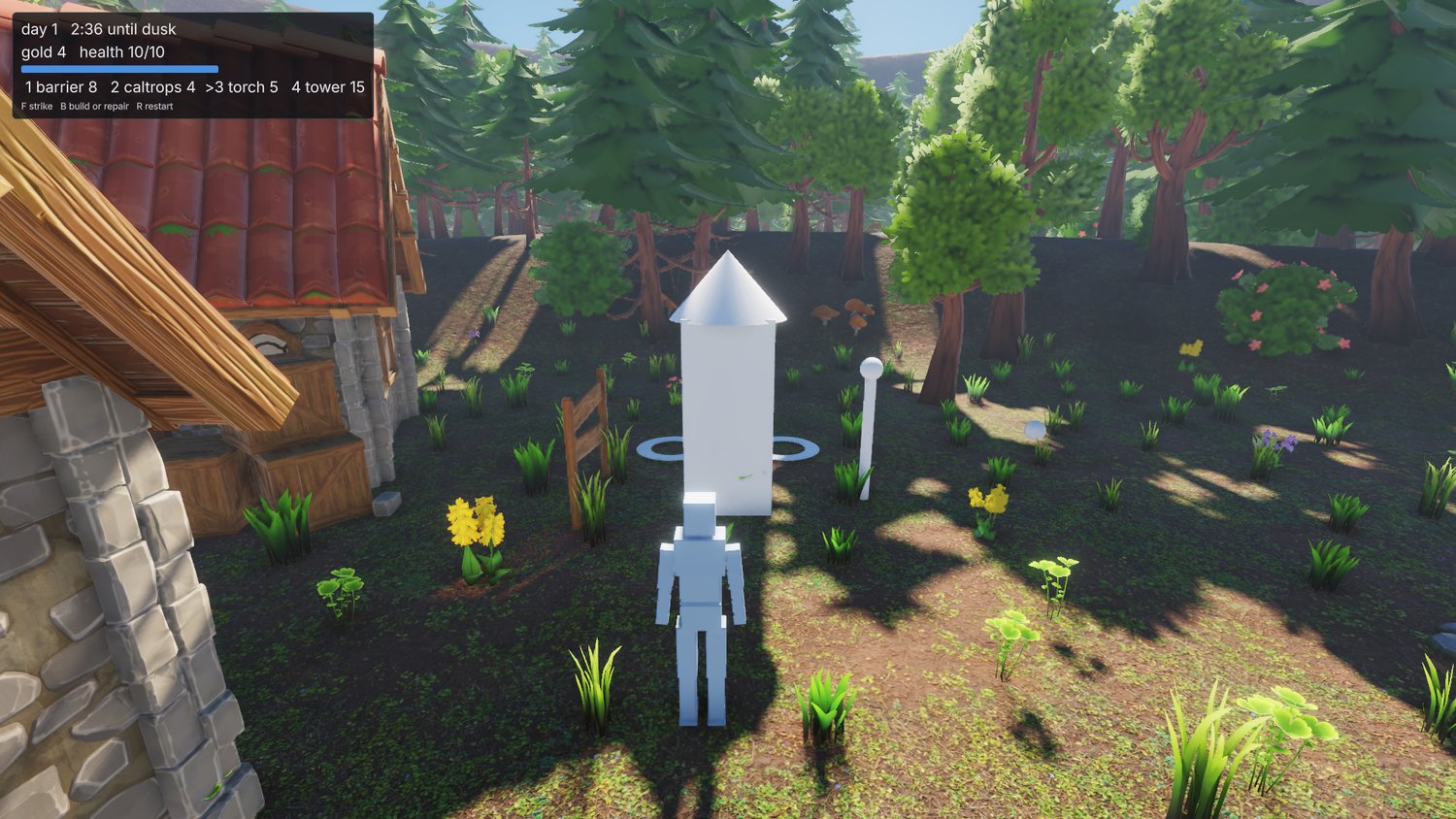 the defence line by day: two caltrops rings, a fence barrier, a white tower with a cone roof, a torch post, and the player