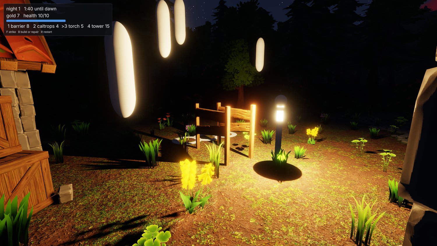 night: bright capsule brutes converging on a wooden fence under a torch