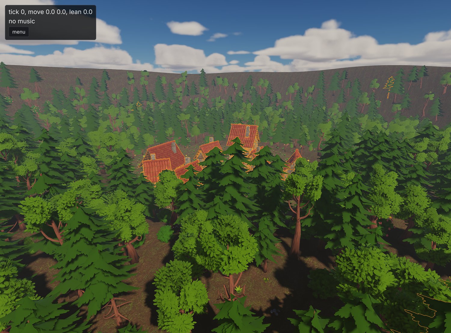 the pasted village in the clearing, ringed by a wood, from above the treeline