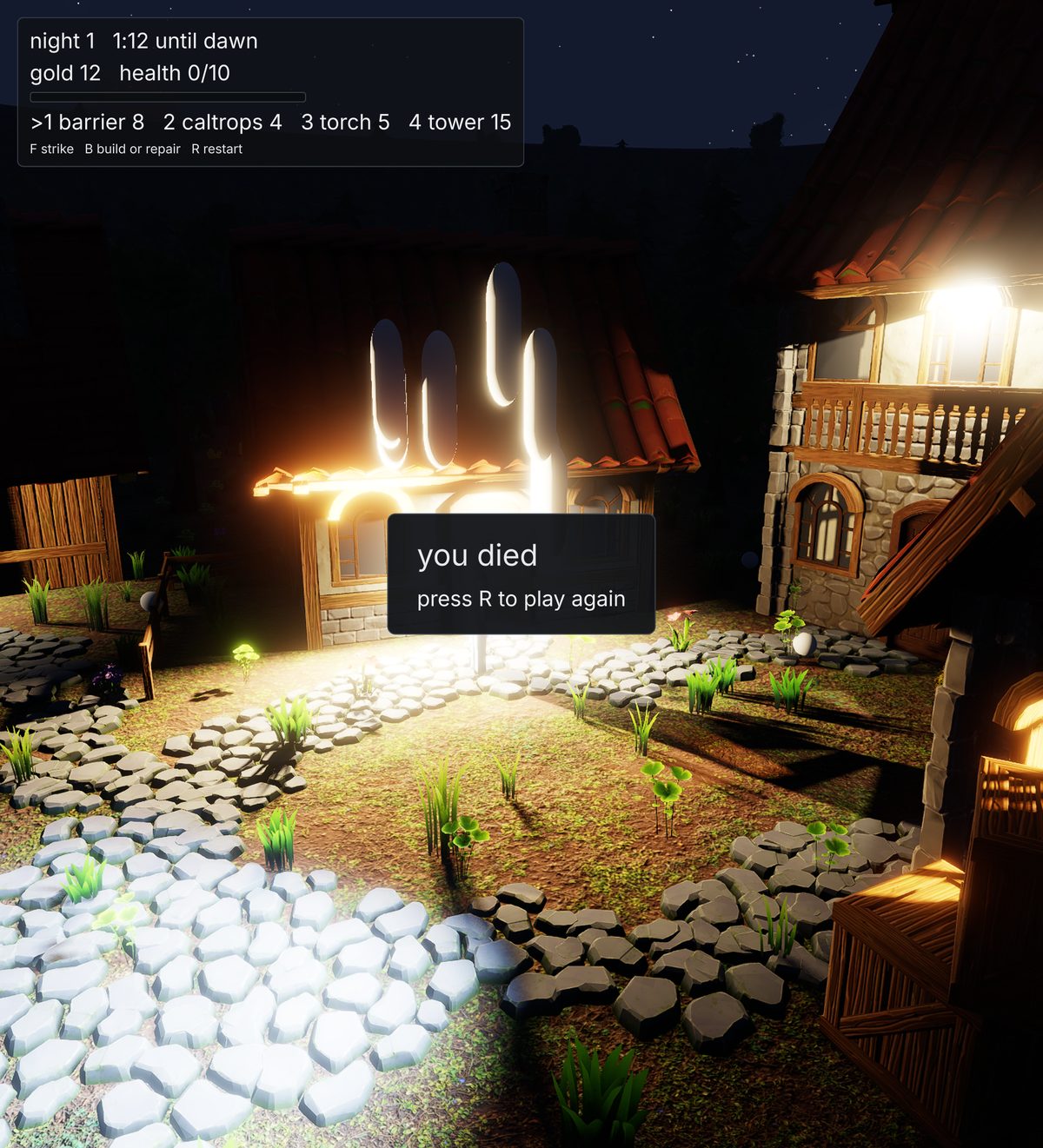 night one: the village lit by lanterns and a torch, three glowing capsules over the path, and a 'you died' panel