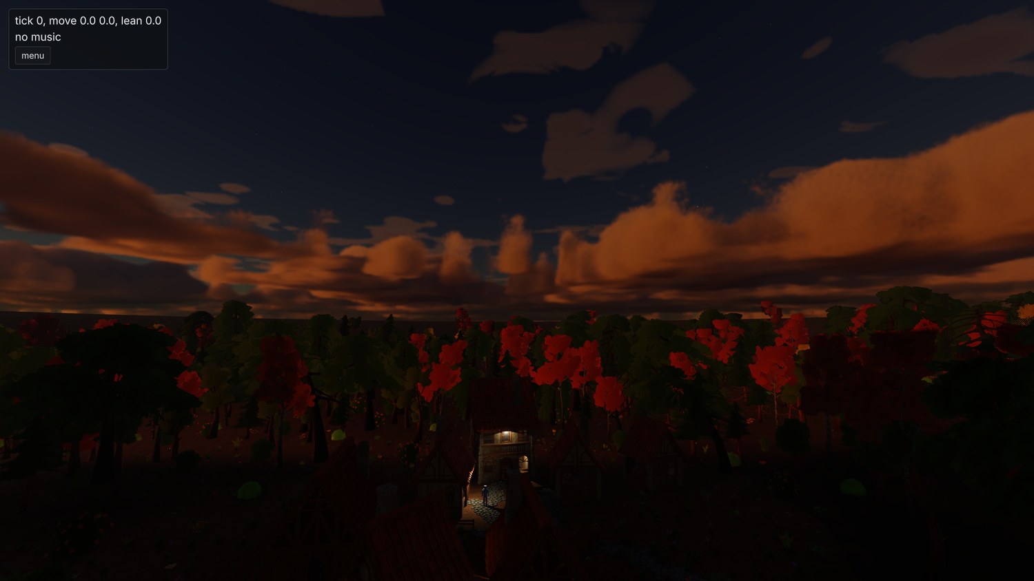 sunset clouds over a dark treeline, the village lanterns just visible