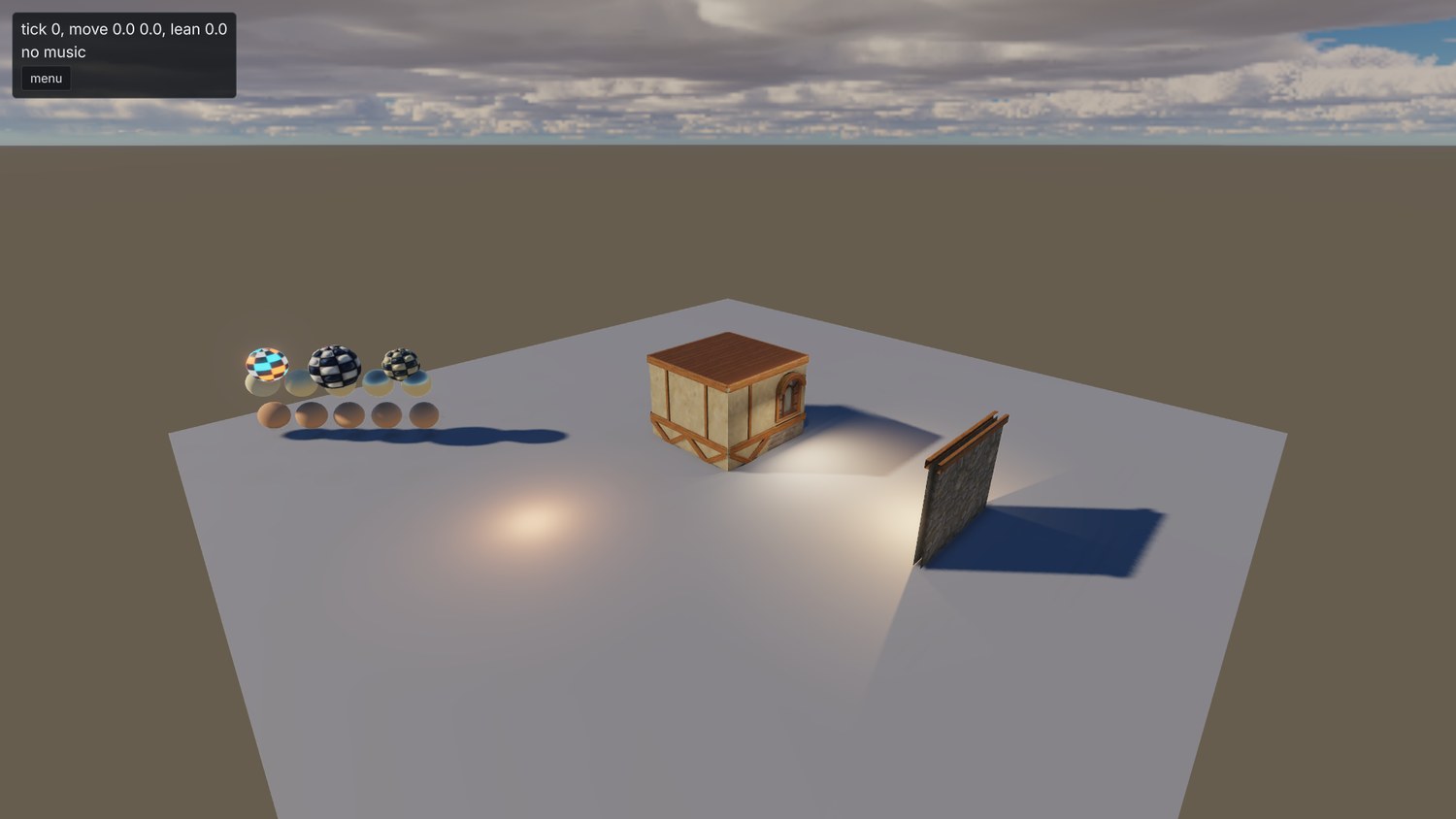 a flat white plane under an overcast sky, with material spheres, a small house and a stone wall