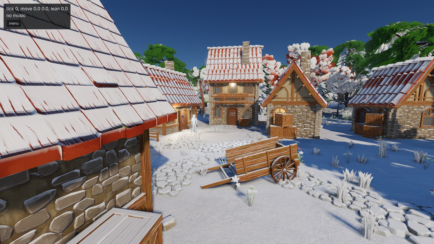 the village under snow, roofs and ground white, walls bare