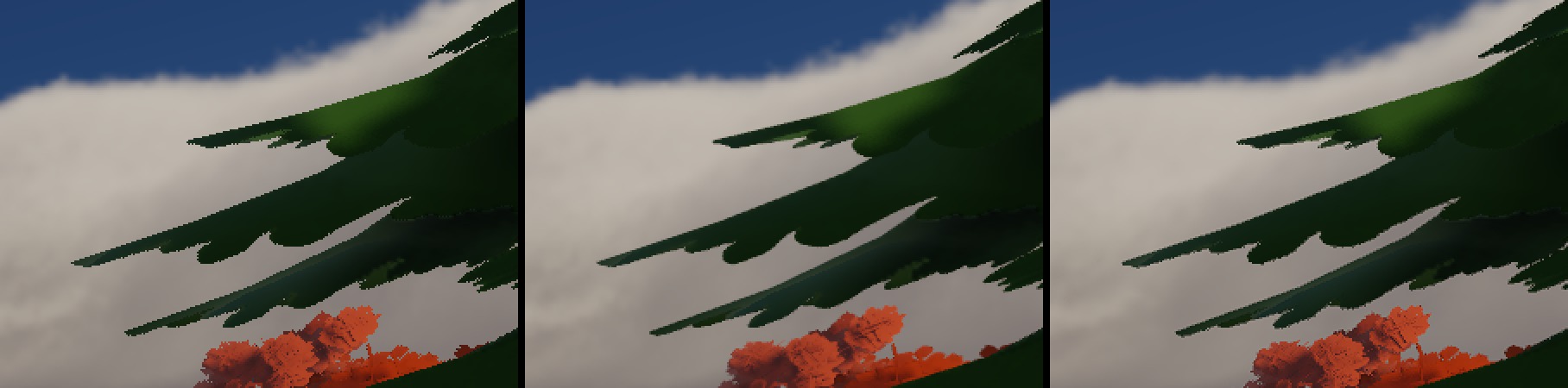 three crops of pine needles against cloud: jagged, smooth, smooth