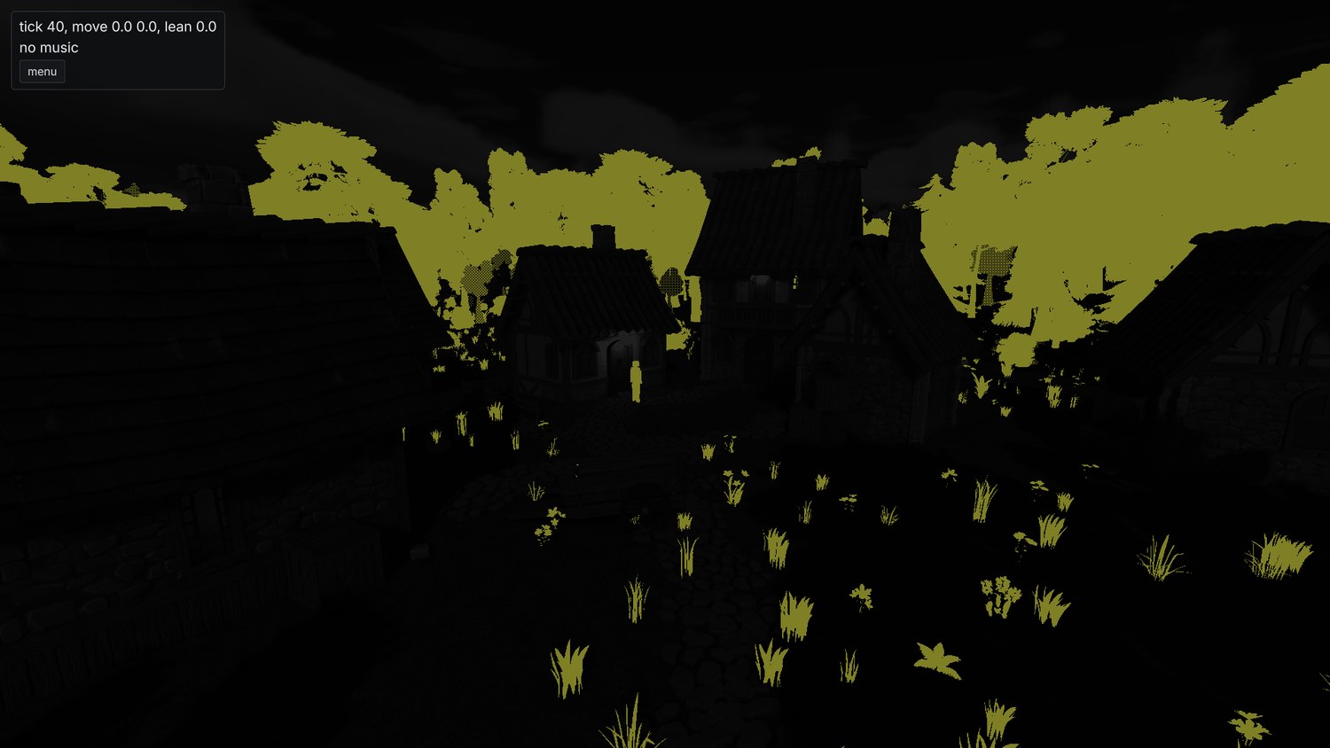 the village with everything static black and the foliage picked out in yellow
