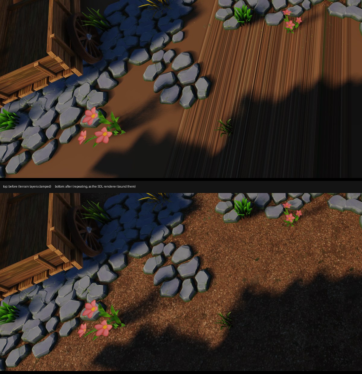 two crops of the village path, the top with the ground texture smeared into streaks, the bottom correct