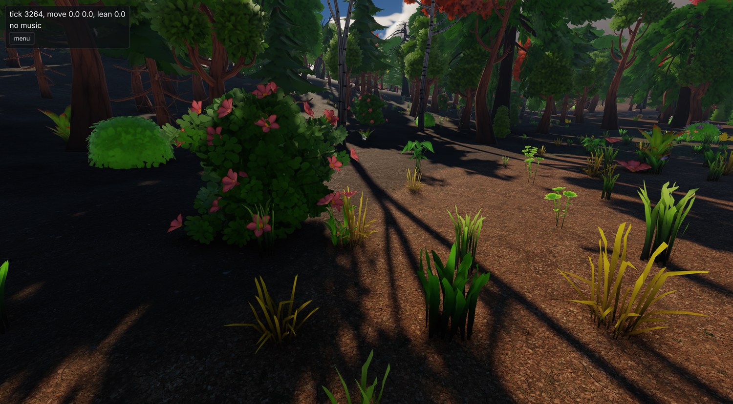 the forest floor, undergrowth and flowers in long afternoon shadows