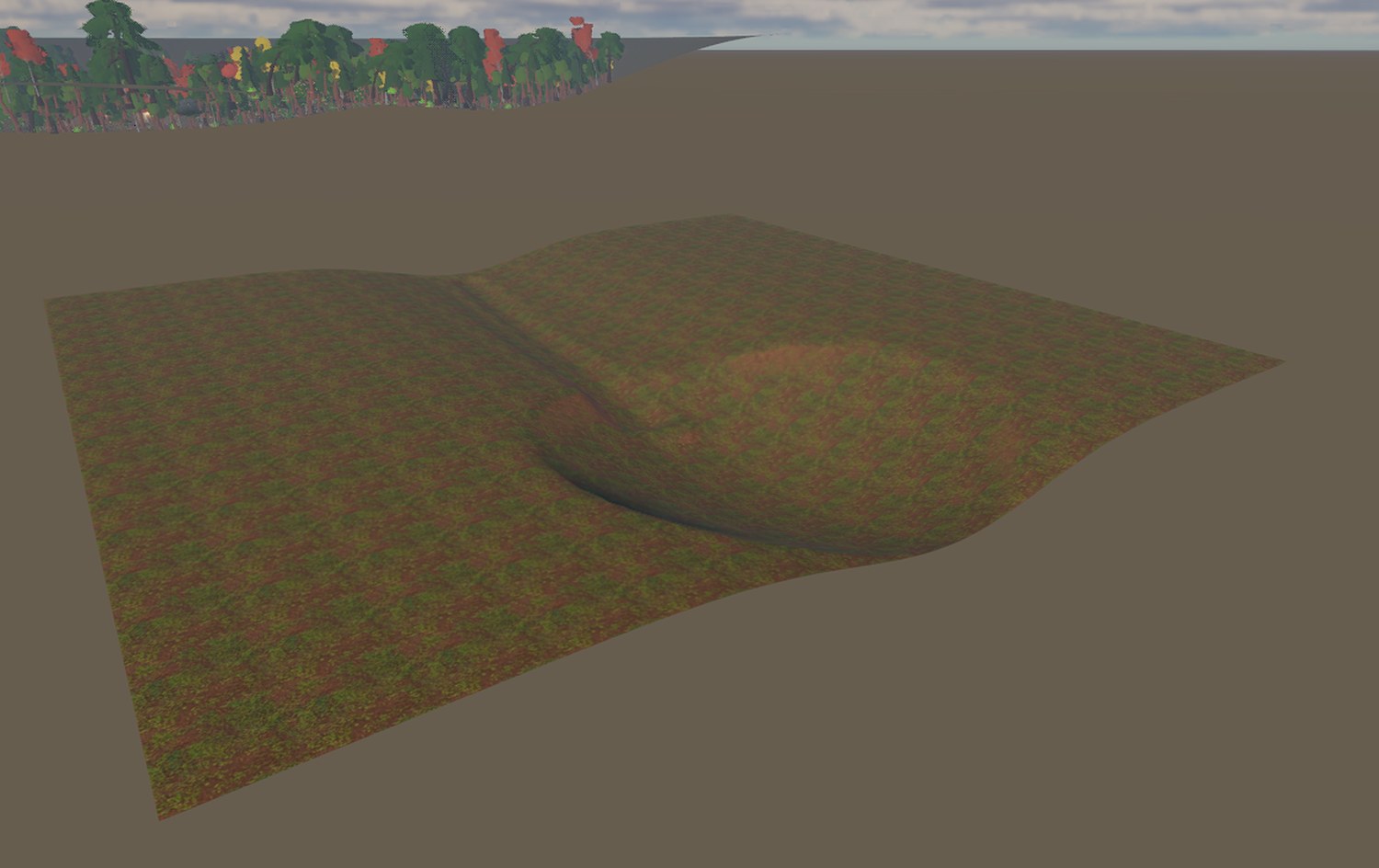 a small square of terrain floating beside the demo basin, with a channel carved down it into a round bowl
