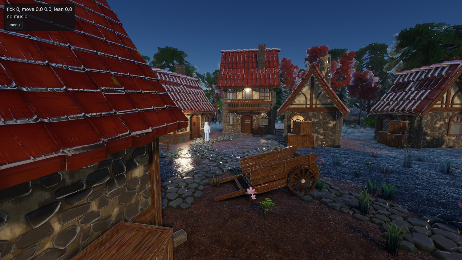 the village at dusk after rain, wet roofs and a puddled path reflecting the lantern
