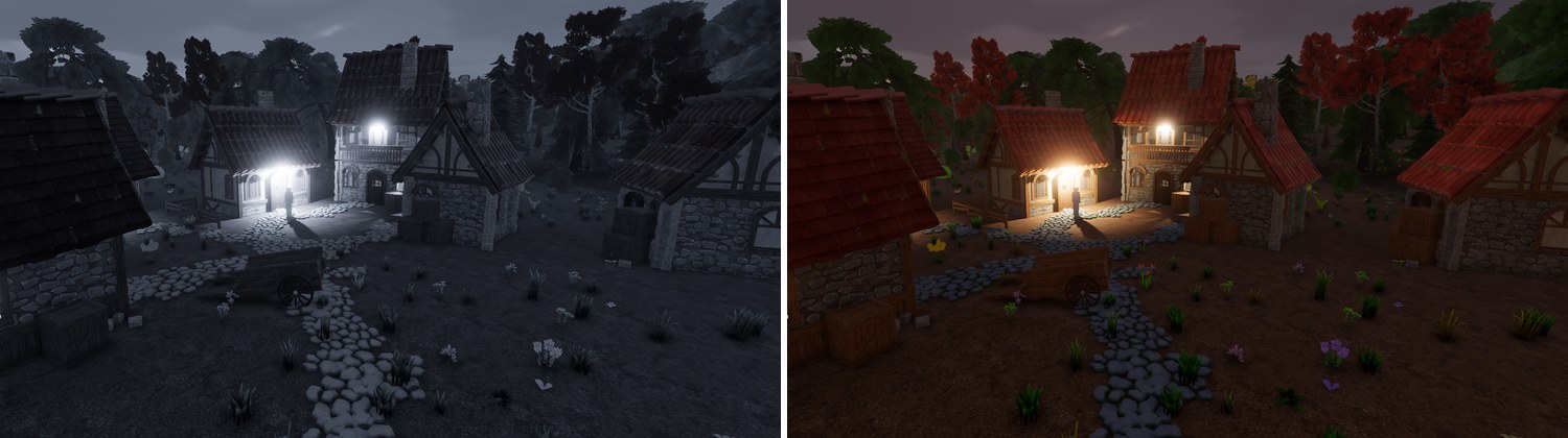 the village at dusk twice: grey with blue-white lamps on the left, in colour with warm lamps on the right