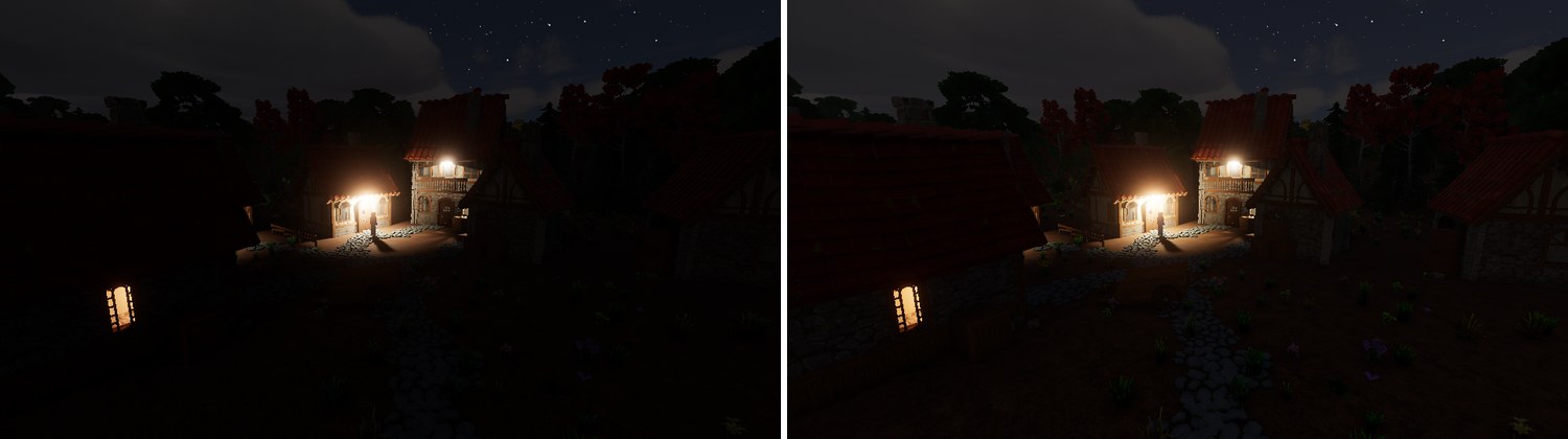 the village at midnight twice: black except for two lamps on the left, moonlit roofs and path on the right