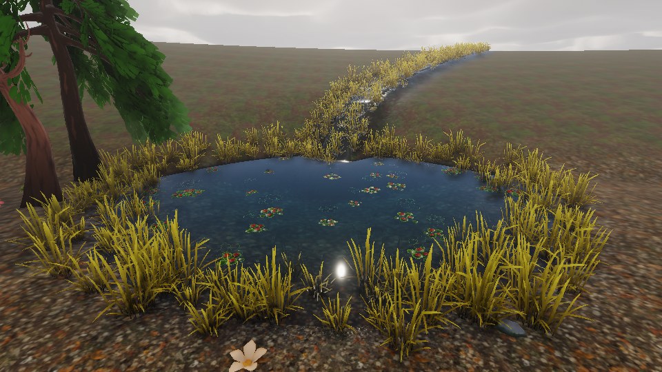 a pond at noon ringed with yellow reeds, lily pads on dark water, a stream running in behind