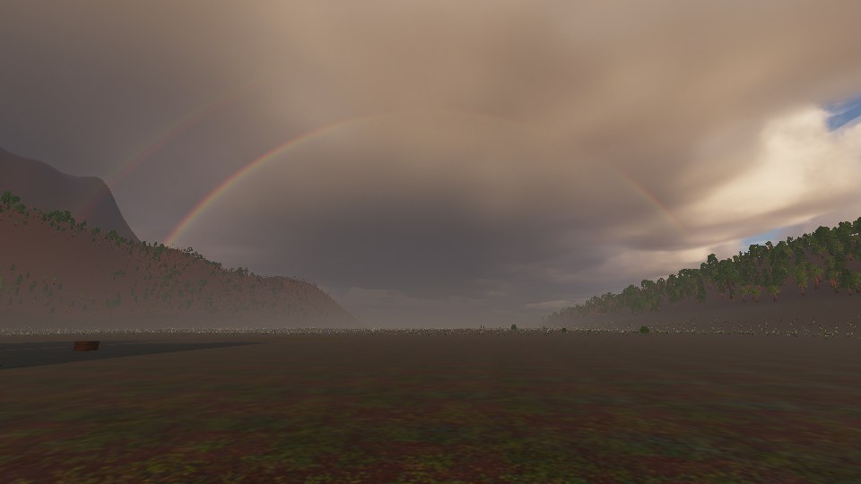 a dark rain cloud over a plain between two hills, with a full rainbow under it