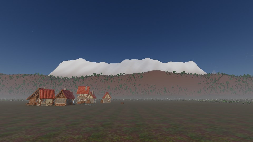 a few houses on a plain under a clear sky, and behind them a ridge that turns white above a sharp line