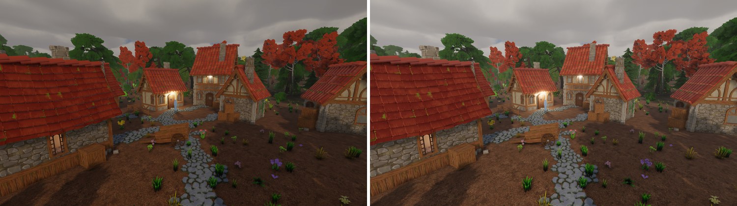 the same village view twice, the right one brighter with clearer relief on the roof tiles